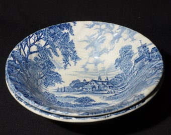 Set of 2 Vintage Ridgway soup bowl Staffordshire blue transferware England Meadowsweet Ironstone country scene CRAZING