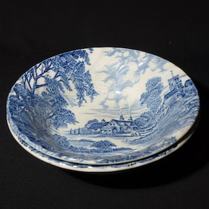 Set of 2 Vintage Ridgway soup bowl Staffordshire blue transferware England Meadowsweet Ironstone country scene CRAZING