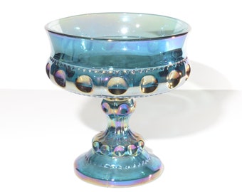 Indiana Glass Blue iridescent glass Thumbprint Kings Crown Compote candy dish vintage pedestal Carnival Glass