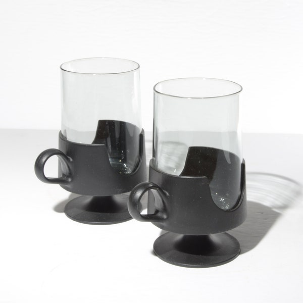 PYREX Set of 2 Vintage Pyrex Coffee mug 5" tall black footed glas-snap plastic holder Pop design from 1970s teacup Corning