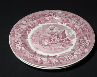 Wedgwood FERRARA Etruria set med 2 små tallrikar 18 cm plommonröd vinröd Tunstall skeppsblommor Benporslin transferware bröd och smör