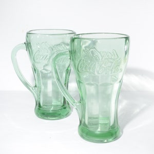Set of 2 Coca Cola Glass Mug Handle Collectible Glass Embossed logo green Embossed Coca-Cola lettering vintage Coke fountain soda