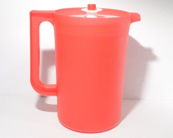 Vintage TUPPERWARE 2 Quart Orange Red Pitcher Push Button