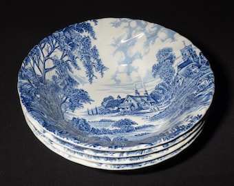 Set of 4 Vintage Ridgway  nappy bowl fruit dessert Staffordshire blue transferware England Meadowsweet Ironstone country scene