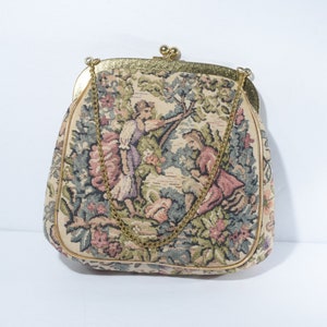 Vintage Handtasche Gobelin Julius Resnick Miami JR Geldbörse floral Brautpaar Verschluss Kette Bügeln Outdoor-Szene szenisch