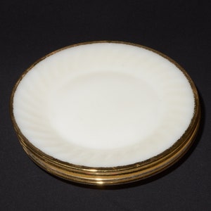Fire King Golden Anniversary set of 4 dinner plate 9 inches plate Ivory Swirl 22K gold rim milk glass vintage
