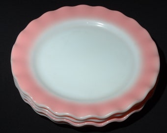 Set of 4 HAZEL ATLAS Crinoline Pink dinner plate 9 inches milk glass White Milk glass Vintage ruffled edge ruffle Valentine plate ripple