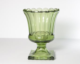 Green Glass pedestal bowl candy dish compote centerpiece trinket bowl Vintage paneled Continental Hazel Atlas footed planter