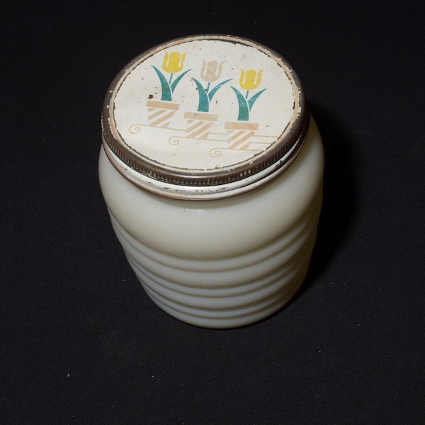 FIRE KING Ivory Grease jar Tulip Milk Glass Vintage Fire King Anchor Hocking Vintage tulip lid rare ribbed bee hive
