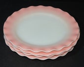 Set of 4, HAZEL ATLAS, Crinoline, Pink, dinner plate, milk glass, White Milk glass,Vintage,ruffled edge, ruffle, Valentine, plate, ripple