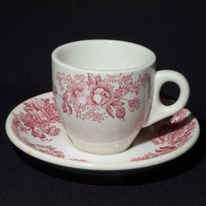 May include: A white teacup and saucer with a pink floral pattern. The cup has a handle and the saucer is round.
