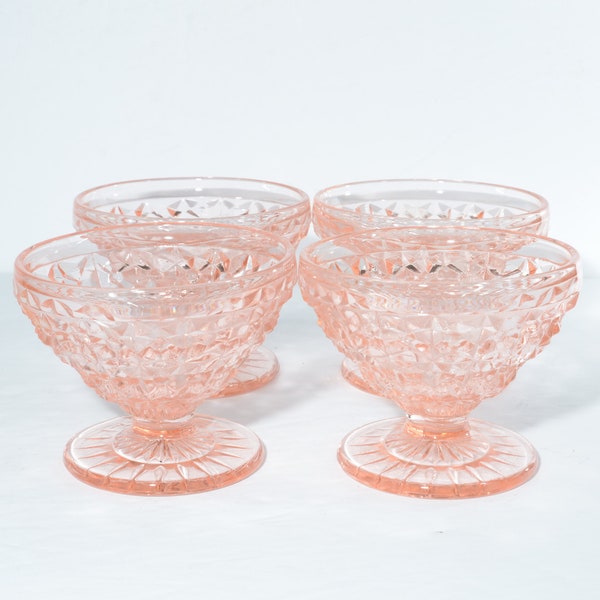 Set of 4  Vintage Jeannette Glass Holiday Button and Bows Pink depression glass sherbet dish footed Pink glass