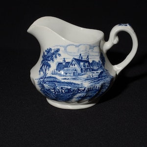 Vintage Ridgway Meadowsweet creamer Ironstone Made in England blue transferware MCM Staffordshire milk jug country hand engraving