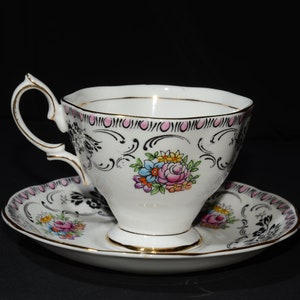 ROYAL ALBERT Damask Footed Teacup and saucer pink floral 2694 flower Gold Rimmed England Vintage Bone China Malvern Shape image 1