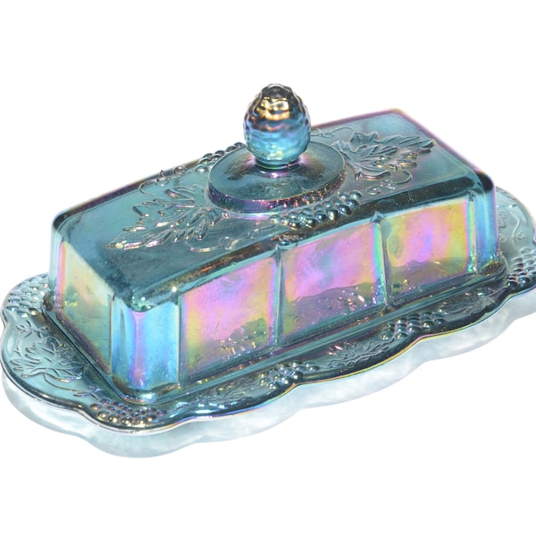 Indiana Glass Blue Carnival glass butter dish Vintage  Iridescentharvest grape vine leaf