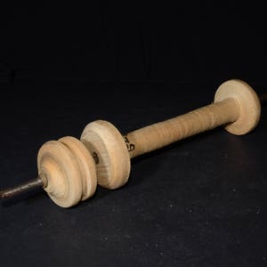 Old wood spool 15.5&quot; antique slender wooden bobbin Wooden Spool Thread Spool SpindleThread Reel Art craft metal stem home decor