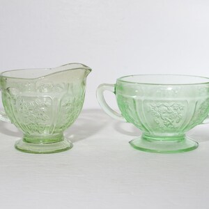 Federal Glass SHARON Cabbage rose Green depression glass open rose sugar bowl and creamer set green depression glass vintage