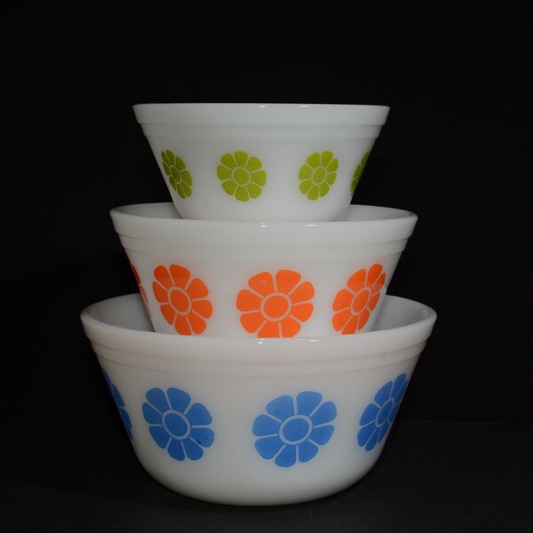 Ensemble de 3, fédéral, Marguerite, bols à mélanger, verre de lait, Vintage, orange Marguerite, Marguerite vert, bleu Marguerite