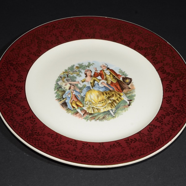 Vintage Original Versailles dinner plate 22k Gold British Empire Ceramics Dinnerware Burgundy Rim Red Rim Gold Filigree Lattice couple