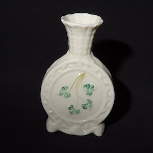Belleek Pottery Ireland bud vase vintage embossed basket weave mint condition shamrock clover 6th mark
