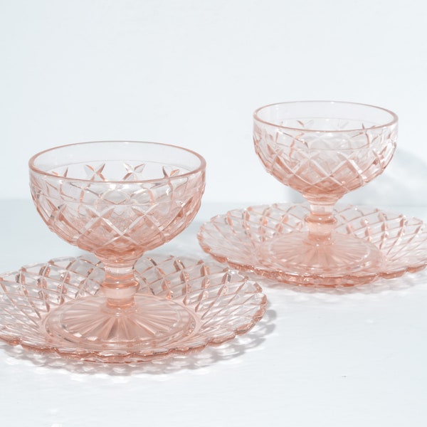 Set of 2 Vintage Anchor Hocking Waterford Waffle Pink depression glass champagne footed sherbet plate pink depression diamond saucer