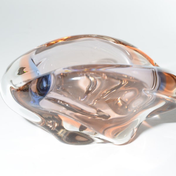 Murano Glass ashtray pink tangerine hand blown heavy glass vintage art glass irregular