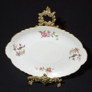 Limoges Porcelaine de France hand painted small platter saucer for gravy boat peacock floral bouquet gold rim porcelain bird approx. 9"X6"