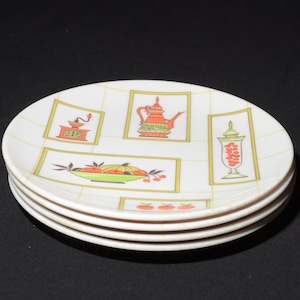 Vintage MELMAC Dorchester Set of 4 Lunch plates 6.5&quot; dessert plate kitchen aids teapot coffee grinder apple mustard Mid century Melamine