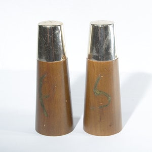 Vintage wood silver tone Salt and Pepper Shakers Japan conic 4 3/4 inches tall plastic stoppers mid-century retro