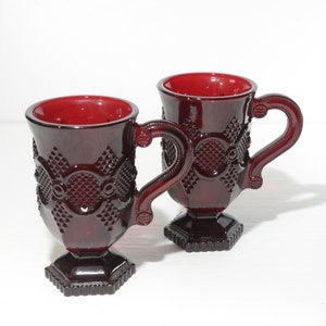 AVON Cape Cod Ruby Red Set of 2 mugs footed pedestal Glassware Vintage Retro glass Collectible glasses Red Glass mug coffee cup