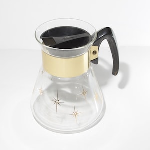 CORNING 6 tazze Caffettiera Caraffa Atomic Starburst Corning Gold Atomic Starburst Teiera Mid Century Vintage Starbust sul coperchio Pyrex ot