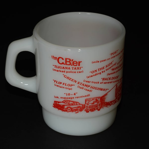 FIRE KING Vintage Anchor Hocking CBer Radio Trucker Milk Glass Red Coffee Mug D handle Coffee mug Tea Cup 1970s Collectible