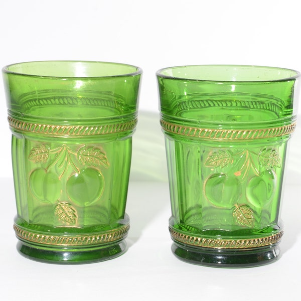 Set of 2 Eapg antique Northwood Glass Emerald Green Gold decorated Peach Cherry Tumblers 4 inches tall