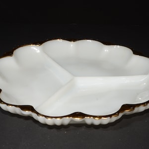 vintage FIRE KING blanc 22 carats garniture ancre hocking 3 parties plat relish divisé plat de service assiette divisée en verre de lait