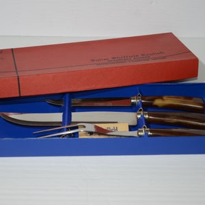 Vintage Fuller Sheffield 3 piece carving set Cutlery Set English stainless blades in box bakelite handles forever sharp Regent