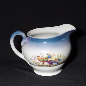 Czechoslovakia Para Lusterware creamer milk jug porcelain bird of paradise  blue purple white vintage CRACK
