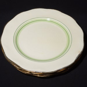 REGENCY British Anchor  Bone China set of 4 dinner plate green band 9&quot; stripe Vintage scalloped edge petal brushed gold rim 9 inches