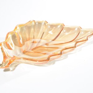 Vintage Carnival glass Marigold leaf Candy dish Iridescent peach luster oak leaf 1950s fall dish leaf shaped dish