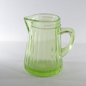 Anchor Hocking Green Depression glass ribbed syrup milk jug pitcher 5 inches tall Vintage Green Glass Green Uranium panel CHIPS