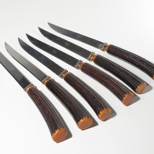 Puede incluir: Juego de seis cuchillos para carne de acero inoxidable con mangos de plástico marrón y naranja.