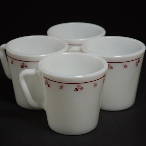 PYREX White Burgundy Rose Design Coffee/tea mugs - Set of 4 D handle Coffee mugs Tea Cups Milk glass Vintage pyrex mug red