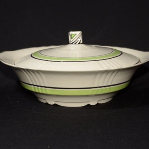 MYOTT Bone China tureen casserole dish lid covered serving dish vegetable bowl England green black stripe band By HW 608 CHIP ot