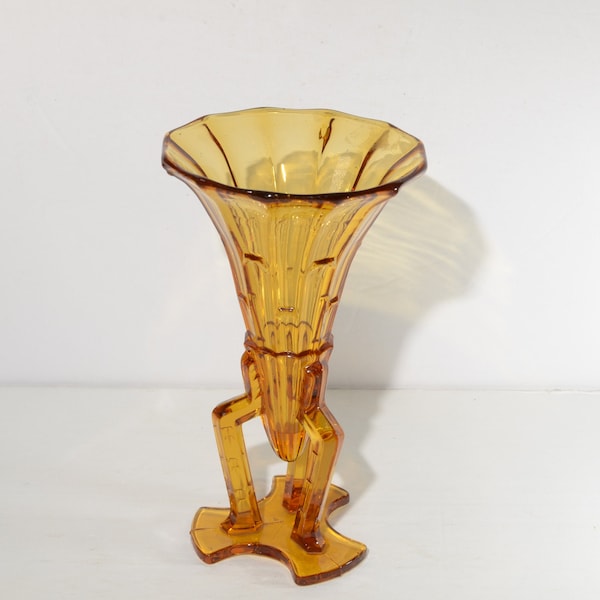 Amber glass art deco vase skyscraper footed 8.5 inches  Stolzle Legged rocket vase Bohemian Czech vintage Czechoslovakian