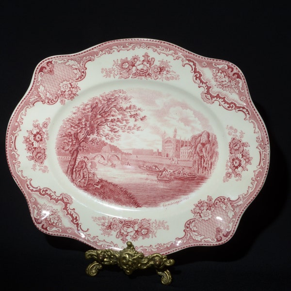 Vintage Johnson Bros Old Britain Castles platter serving plate 11.75" England red pink transferware Cambridge Castle great condition