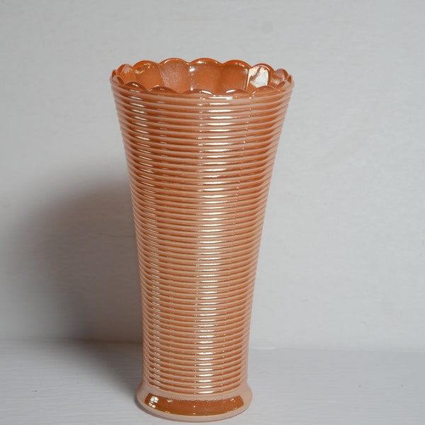 Peach Luster ware Milk Glass Vase Iridescent Scalloped Manhattan Rib Pattern ribbed Peach lustre
