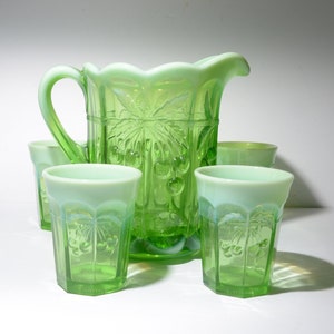 Rare Mosser Cherry Cable Green Opalescent Pitcher 4 tumbler drinking set Vintage art glass Thumbprint OT1