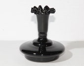 Black glass, small, Table Vase, Deco vase, bud vase, 4 quot tall, Vintage, ruffled rim, ruffle, edge, glass vase