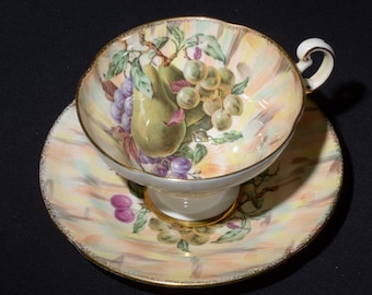 OLD ROYAL Bone China Teacup and saucer fruit pear grape Gold Rimmed England Vintage Sampson Smith footed