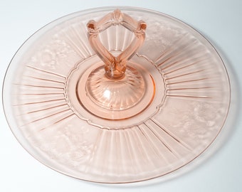 Anchor Hocking MAYFAIR open rose Pink Depression GlassTidbit Candy Serving Tray server Plate Center Handle 1930s centerpiece platter ot