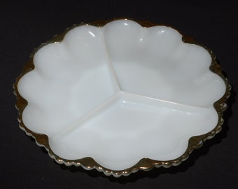 Vintage FIRE KING White 22 K Gold Trim Anchor Hocking 3 Parts Divided Relish Dish Tray Serving Dish Milk Glass Divided Plate